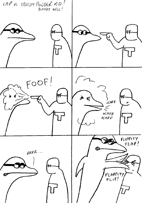 Captain Dolphin vs. The Talcum Powder Kid (Bloody Hell!), page 1 (c) Ralph Kidson